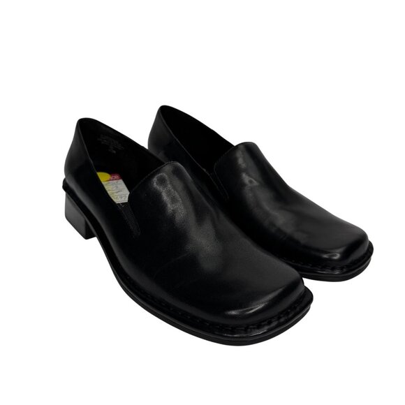 VTG Y2K Bandolino W 6.5M Black Leather Square Toe Chunky Heel Loafer Academia - Picture 1 of 9